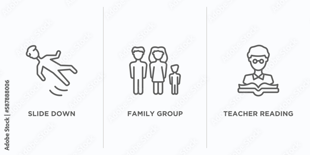 Poster people outline icons set. thin line icons such as slide down, family group, teacher reading vector. 