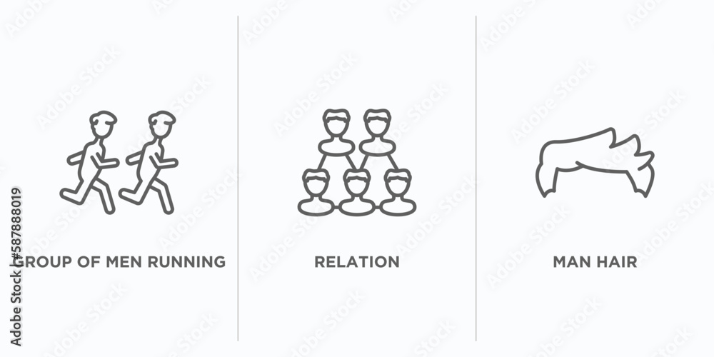 Poster people outline icons set. thin line icons such as group of men running, relation, man hair vector. l