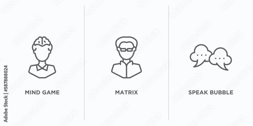 Poster people outline icons set. thin line icons such as mind game, matrix, speak bubble vector. linear ico
