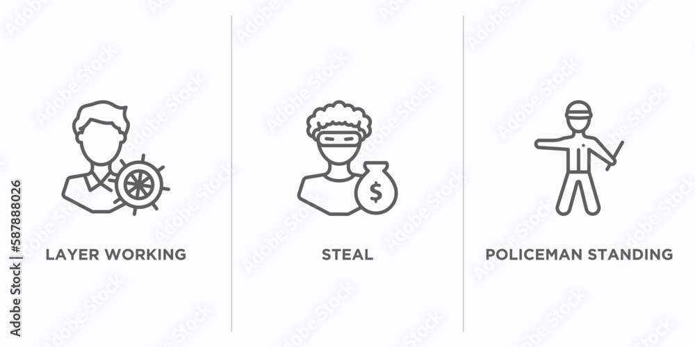 Poster people outline icons set. thin line icons such as layer working, steal, policeman standing up vector