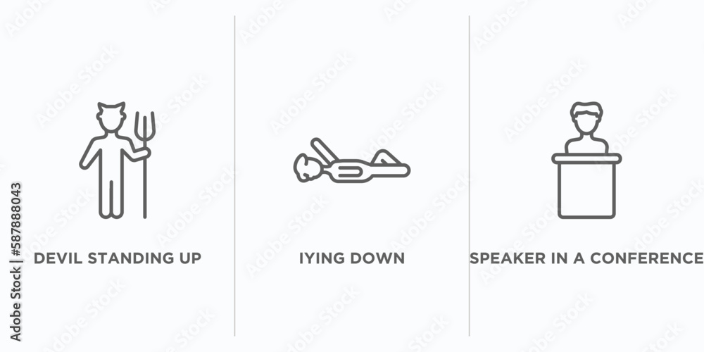 Poster people outline icons set. thin line icons such as devil standing up, iying down, speaker in a confer
