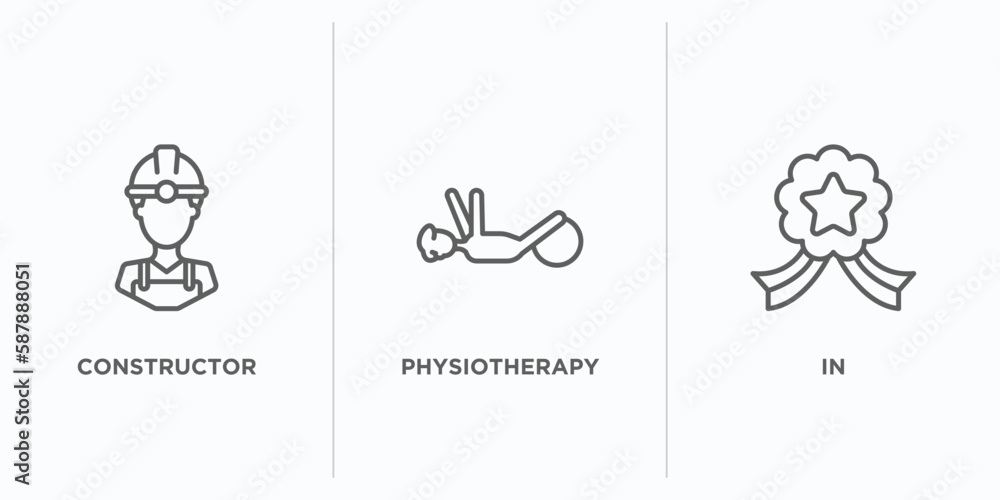 Poster people outline icons set. thin line icons such as constructor, physiotherapy, in vector. linear icon