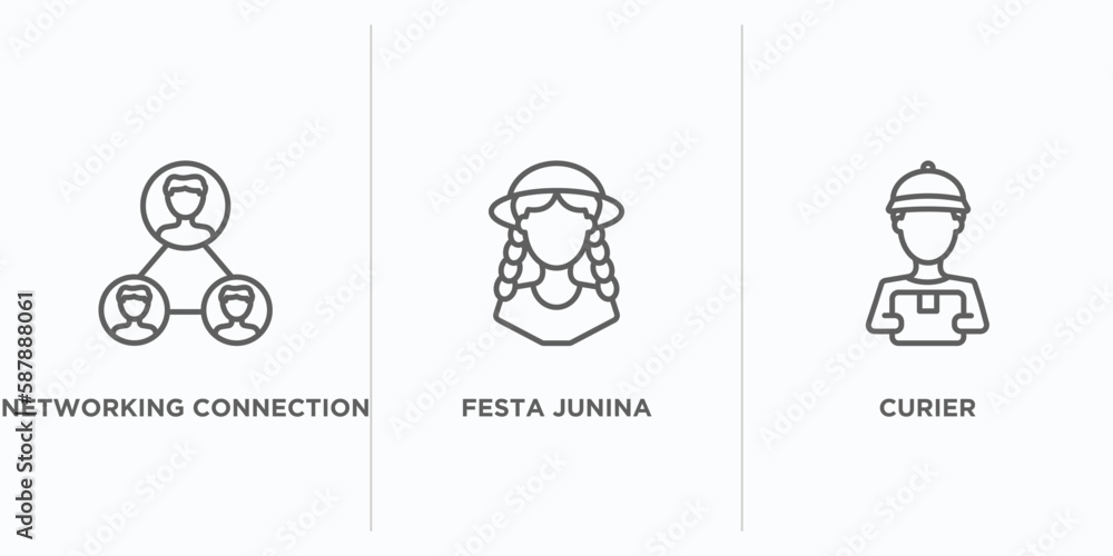 Poster people outline icons set. thin line icons such as networking connection, festa junina, curier vector