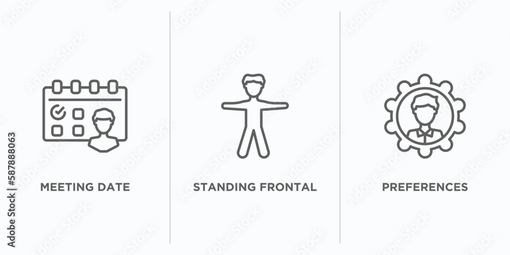 Aufkleber people outline icons set. thin line icons such as meeting date, standing frontal man, preferences ve