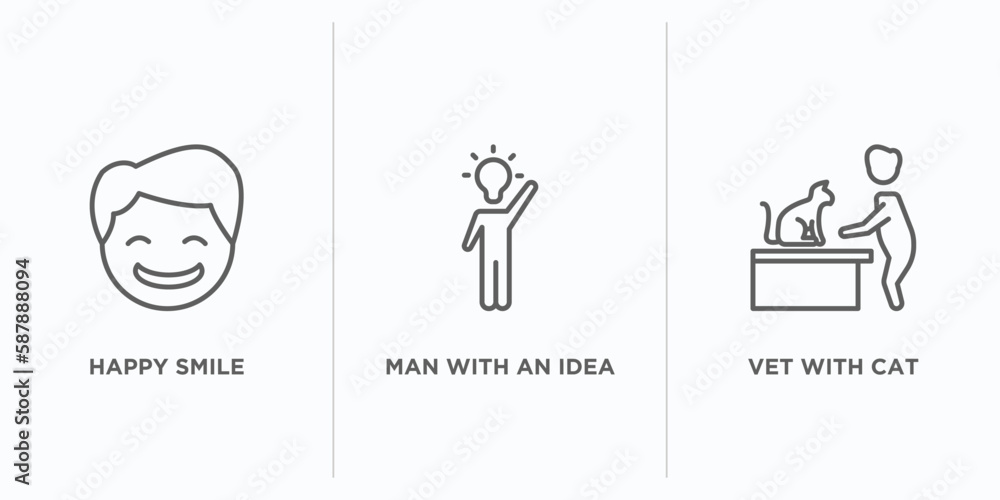 Poster people outline icons set. thin line icons such as happy smile, man with an idea, vet with cat vector