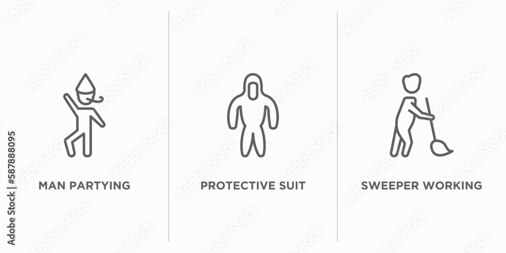 Poster people outline icons set. thin line icons such as man partying, protective suit, sweeper working vec