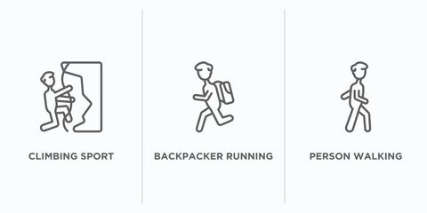 people outline icons set. thin line icons such as climbing sport, backpacker running, person walking vector. linear icon sheet can be used web and mobile