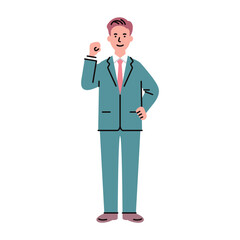 人物_ビジネス03_男性_全身_腰に手をあて拳を上げる_右手