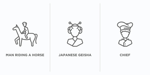 people outline icons set. thin line icons such as man riding a horse, japanese geisha, chief vector. linear icon sheet can be used web and mobile