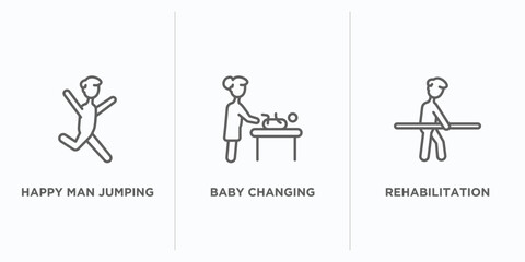 people outline icons set. thin line icons such as happy man jumping, baby changing, rehabilitation vector. linear icon sheet can be used web and mobile