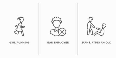 people outline icons set. thin line icons such as girl running, bad employee, man lifting an old man vector. linear icon sheet can be used web and mobile