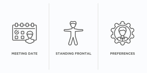 people outline icons set. thin line icons such as meeting date, standing frontal man, preferences vector. linear icon sheet can be used web and mobile