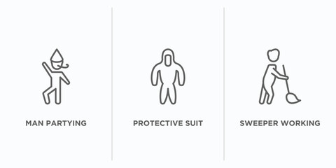 people outline icons set. thin line icons such as man partying, protective suit, sweeper working vector. linear icon sheet can be used web and mobile