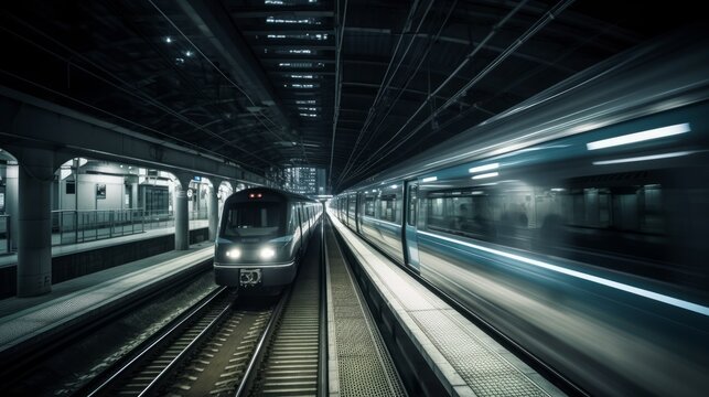 Photo of a train traveling through a tunnel on train tracks created with Generative AI technology