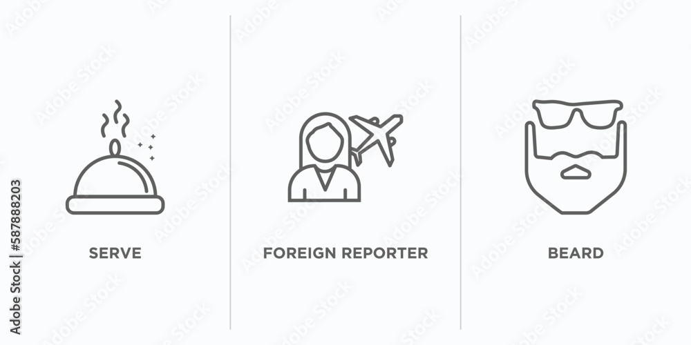 Poster people outline icons set. thin line icons such as serve, foreign reporter, beard vector. linear icon