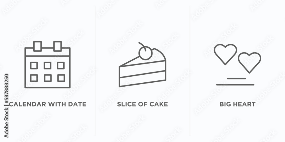 Poster party outline icons set. thin line icons such as calendar with date, slice of cake, big heart vector