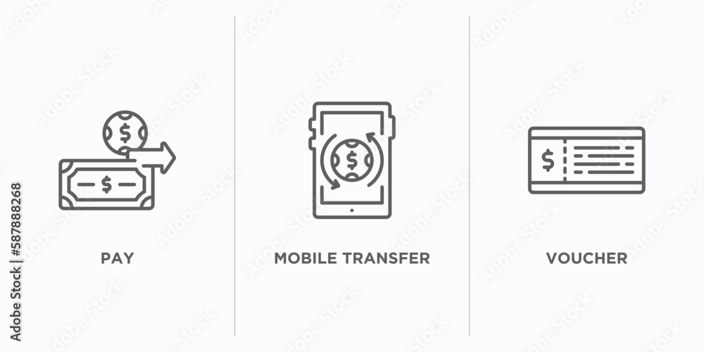 Aufkleber payment outline icons set. thin line icons such as pay, mobile transfer, voucher vector. linear icon