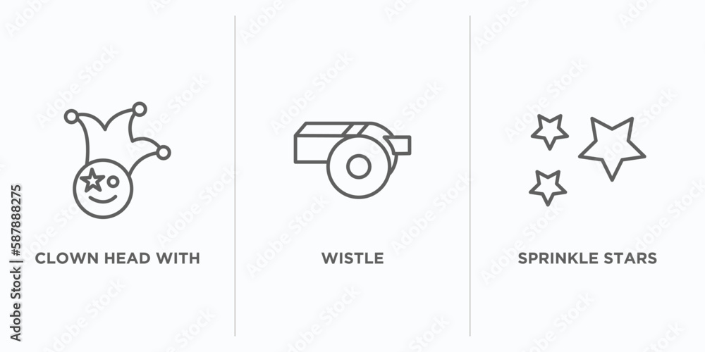 Poster party outline icons set. thin line icons such as clown head with hat, wistle, sprinkle stars vector.