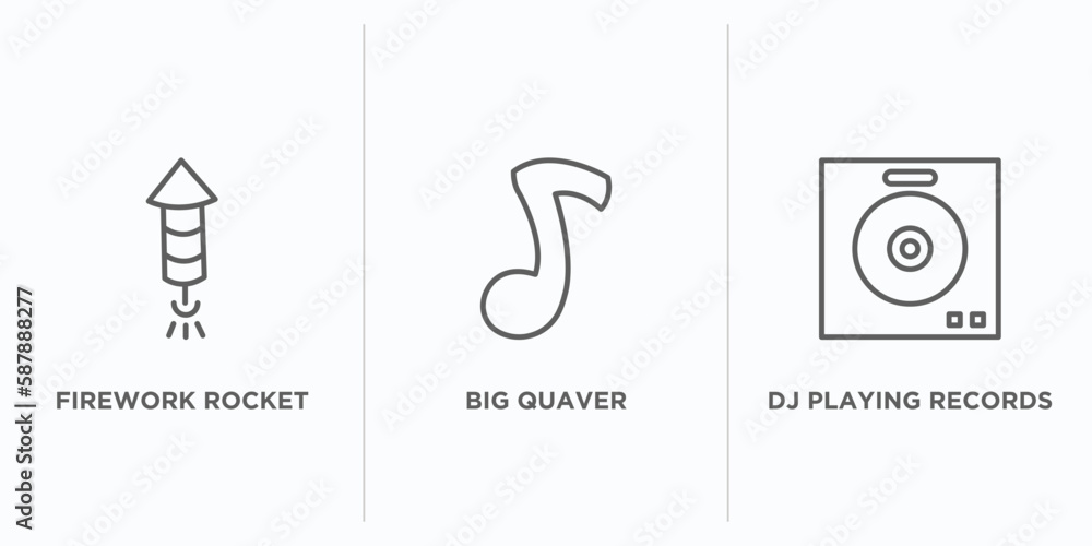 Poster party outline icons set. thin line icons such as firework rocket, big quaver, dj playing records vec