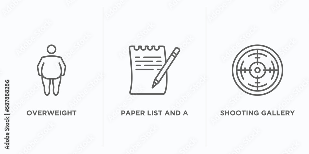 Poster other outline icons set. thin line icons such as overweight, paper list and a pencil, shooting galle