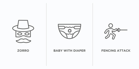 people outline icons set. thin line icons such as zorro, baby with diaper, fencing attack vector. linear icon sheet can be used web and mobile