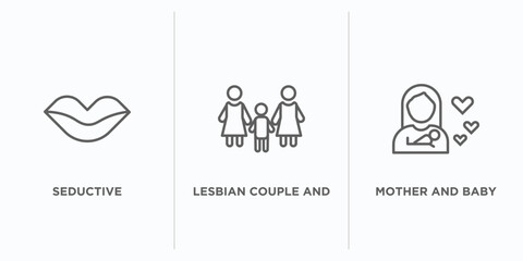 people outline icons set. thin line icons such as seductive, lesbian couple and son, mother and baby vector. linear icon sheet can be used web and mobile