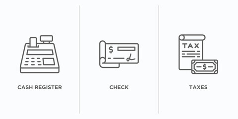 payment outline icons set. thin line icons such as cash register, check, taxes vector. linear icon sheet can be used web and mobile - obrazy, fototapety, plakaty