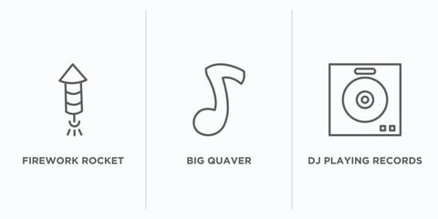 party outline icons set. thin line icons such as firework rocket, big quaver, dj playing records vector. linear icon sheet can be used web and mobile