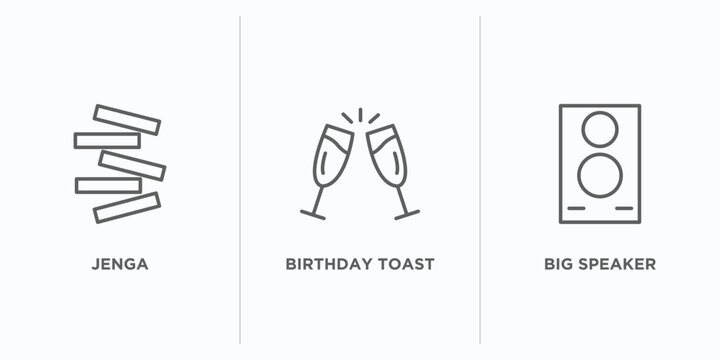 party outline icons set. thin line icons such as jenga, birthday toast, big speaker vector. linear icon sheet can be used web and mobile