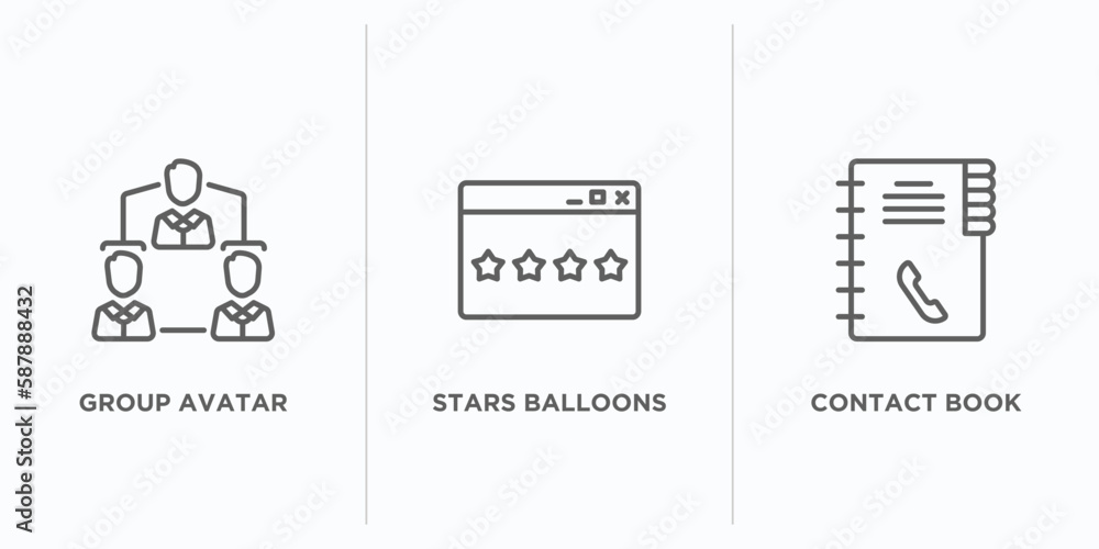 Poster networking outline icons set. thin line icons such as group avatar, stars balloons, contact book vec