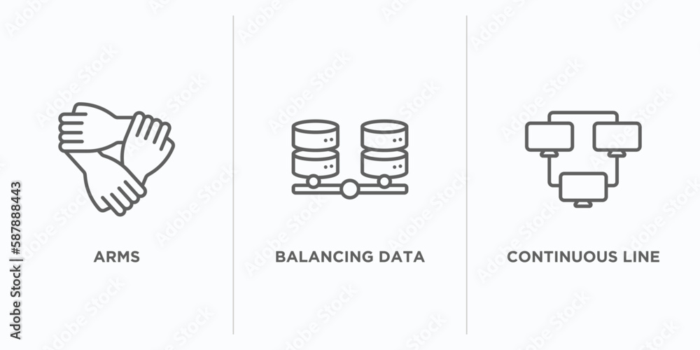 Poster networking outline icons set. thin line icons such as arms, balancing data, continuous line vector. 