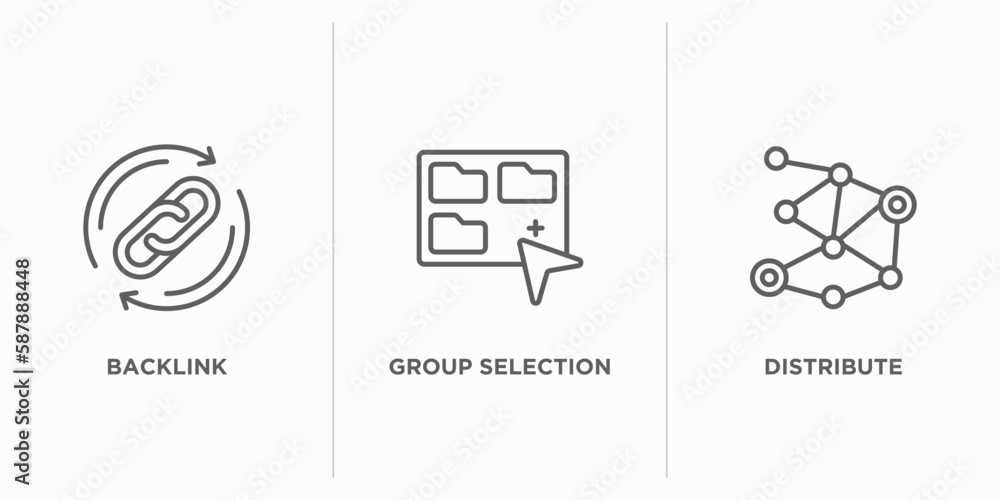 Poster networking outline icons set. thin line icons such as backlink, group selection, distribute vector. 