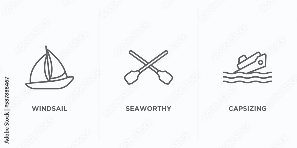 Poster nautical outline icons set. thin line icons such as windsail, seaworthy, capsizing vector. linear ic