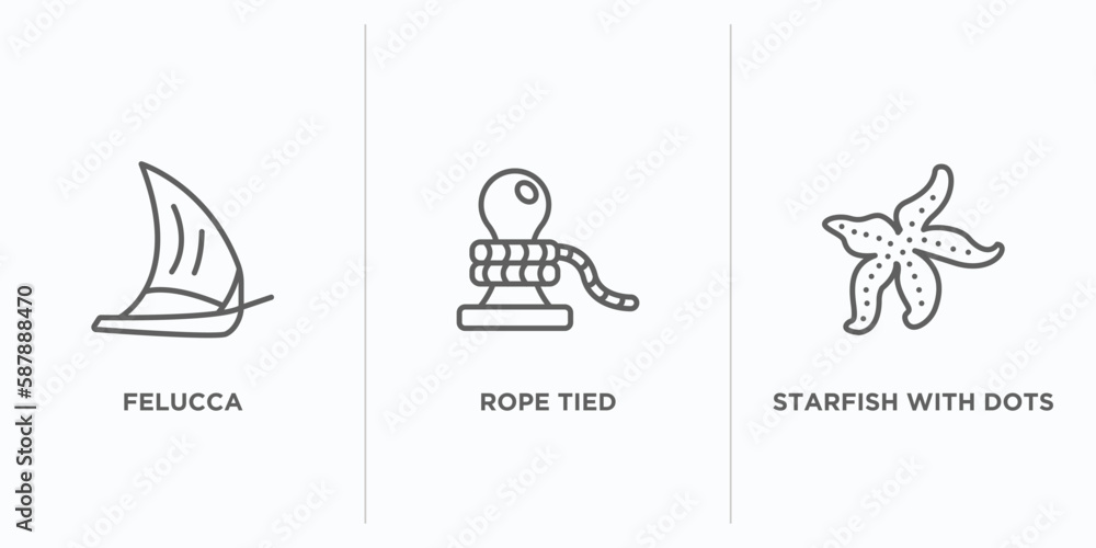 Poster nautical outline icons set. thin line icons such as felucca, rope tied, starfish with dots vector. l