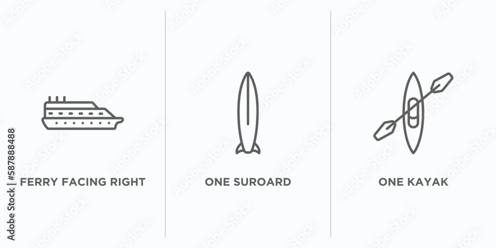 Poster nautical outline icons set. thin line icons such as ferry facing right, one suroard, one kayak vecto