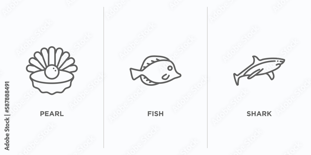 Poster nautical outline icons set. thin line icons such as pearl, fish, shark vector. linear icon sheet can