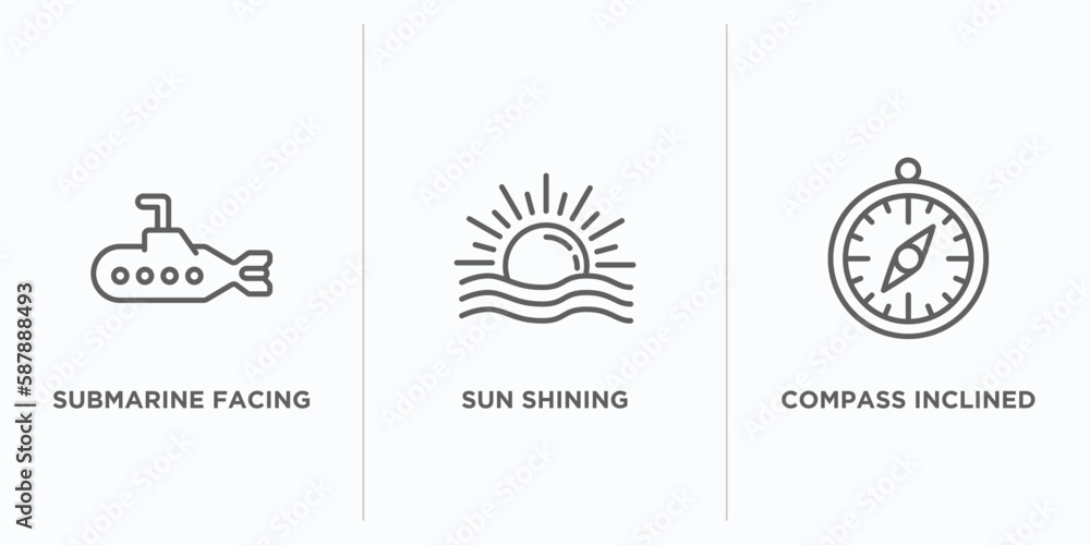Poster nautical outline icons set. thin line icons such as submarine facing right, sun shining, compass inc