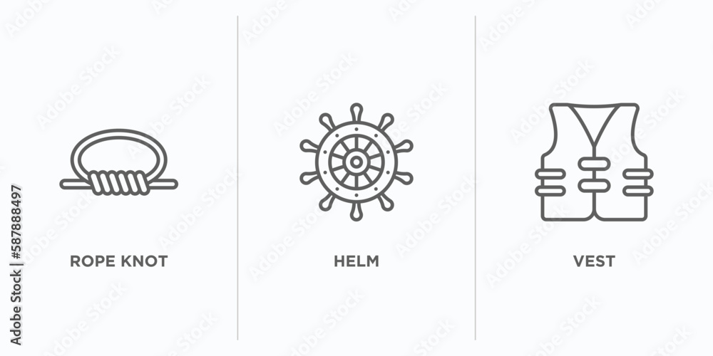 Poster nautical outline icons set. thin line icons such as rope knot, helm, vest vector. linear icon sheet 