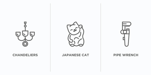 other outline icons set. thin line icons such as chandeliers, japanese cat, pipe wrench vector. linear icon sheet can be used web and mobile