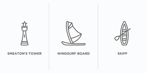nautical outline icons set. thin line icons such as smeaton's tower, windsurf board, skiff vector. linear icon sheet can be used web and mobile