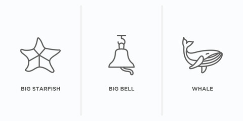 nautical outline icons set. thin line icons such as big starfish, big bell, whale vector. linear icon sheet can be used web and mobile