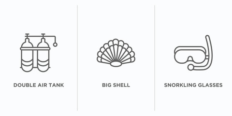 nautical outline icons set. thin line icons such as double air tank, big shell, snorkling glasses vector. linear icon sheet can be used web and mobile