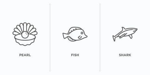 nautical outline icons set. thin line icons such as pearl, fish, shark vector. linear icon sheet can be used web and mobile
