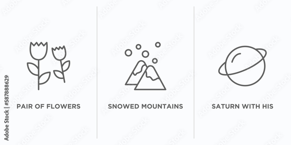 Poster nature outline icons set. thin line icons such as pair of flowers, snowed mountains, saturn with his