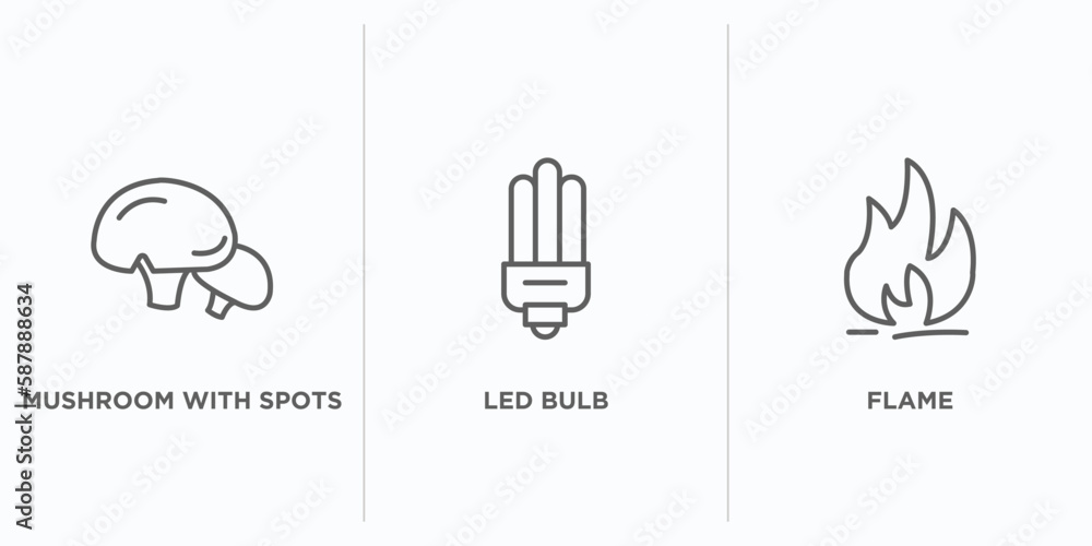 Poster nature outline icons set. thin line icons such as mushroom with spots, led bulb, flame vector. linea
