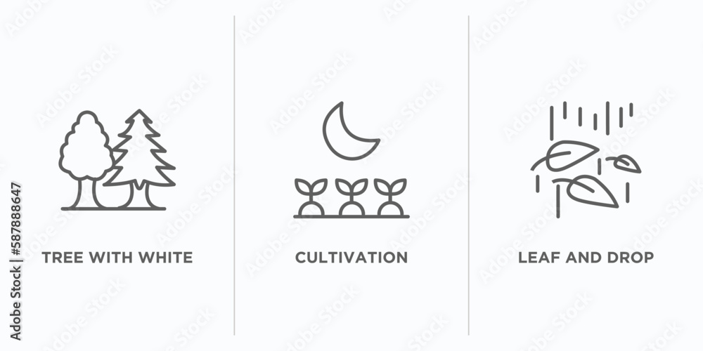 Poster nature outline icons set. thin line icons such as tree with white foliage, cultivation, leaf and dro
