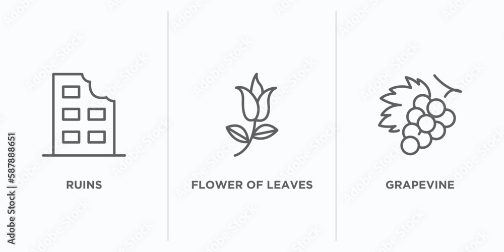 Poster nature outline icons set. thin line icons such as ruins, flower of leaves, grapevine vector. linear 