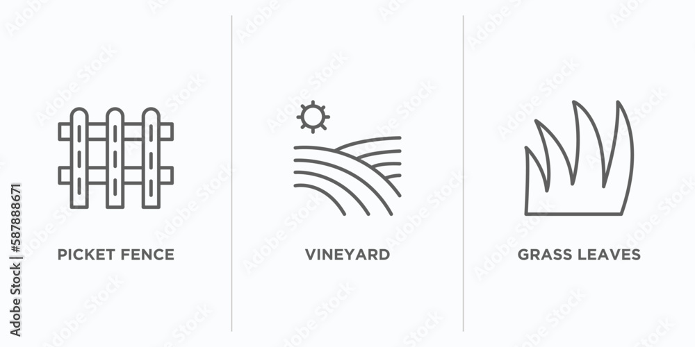 Poster nature outline icons set. thin line icons such as picket fence, vineyard, grass leaves vector. linea