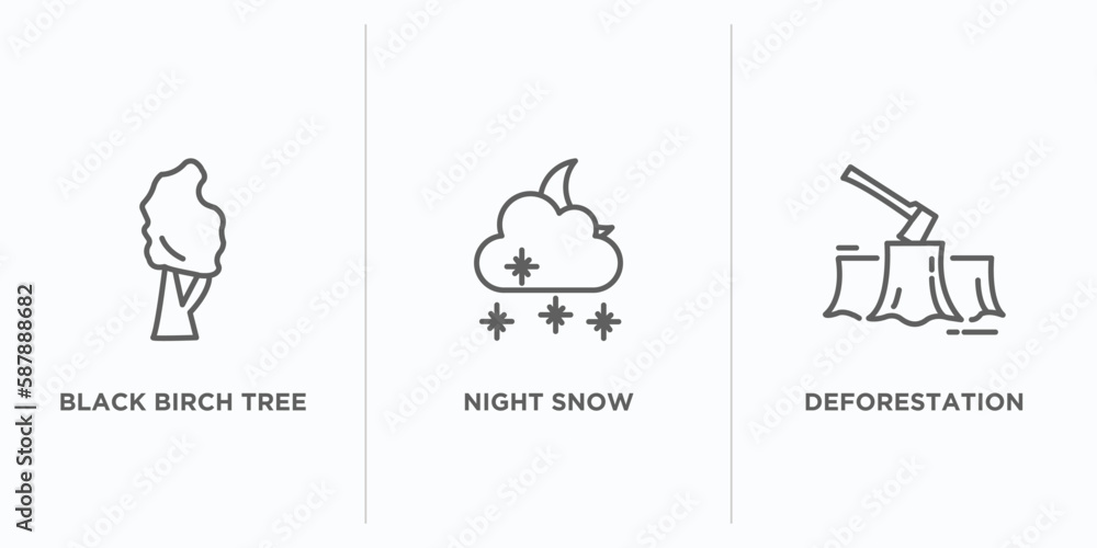 Poster nature outline icons set. thin line icons such as black birch tree, night snow, deforestation vector