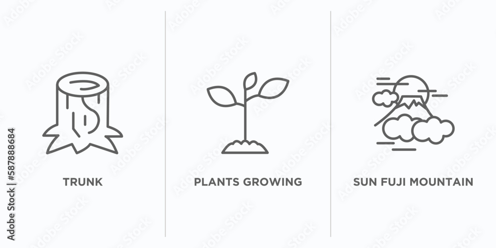 Poster nature outline icons set. thin line icons such as trunk, plants growing, sun fuji mountain vector. l